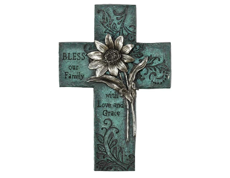 Bless Our Family Floral Turquoise 25cm Decorative Wall Cross