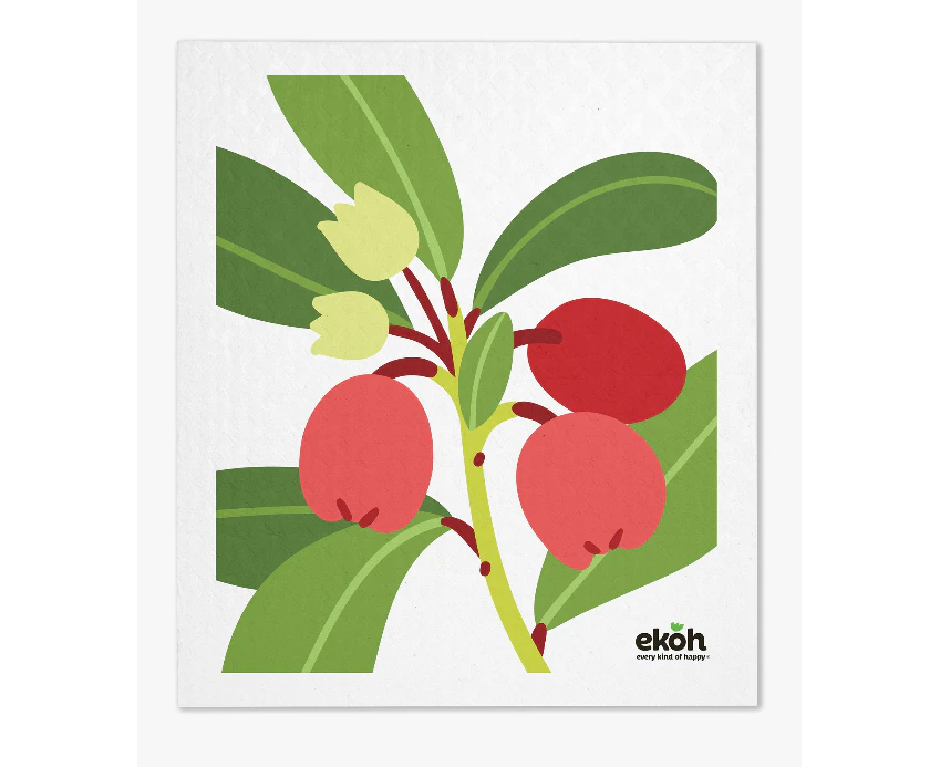 Dish Cloth Compostable Sponge Cloth Wintergreen Red Botanical Print Swedish Dishcloth