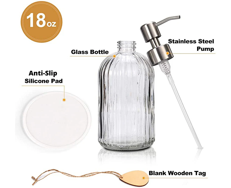 Soap Dispenser – Premium Quality – Large 530ml Hand & Dish Soap Dispenser – Rust Proof Stainless Steel Pump – Clear Glass – Ideal for Kitchen Dish Soap, Ha