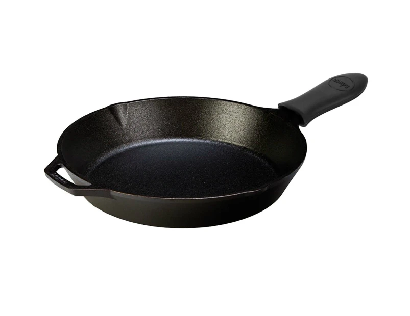 (30cm , Black Silicone) - Lodge Seasoned Cast Iron Skillet with Hot Handle Holder - 12” Cast Iron Frying Pan with Silicone Hot Handle Holder (BLACK)