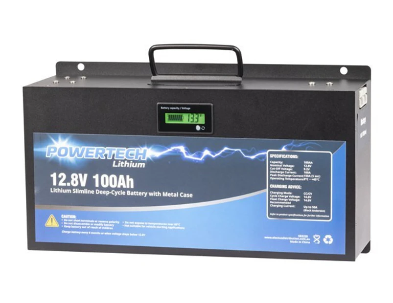 Powertech 12.8V 100Ah Lithium Slimline Deep Cycle Battery with Metal Case