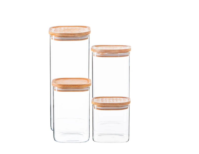 Argon Tableware 4 Piece Square Glass Storage Jars Set with Wooden Lids - Modern Kitchen Pantry Food Canister