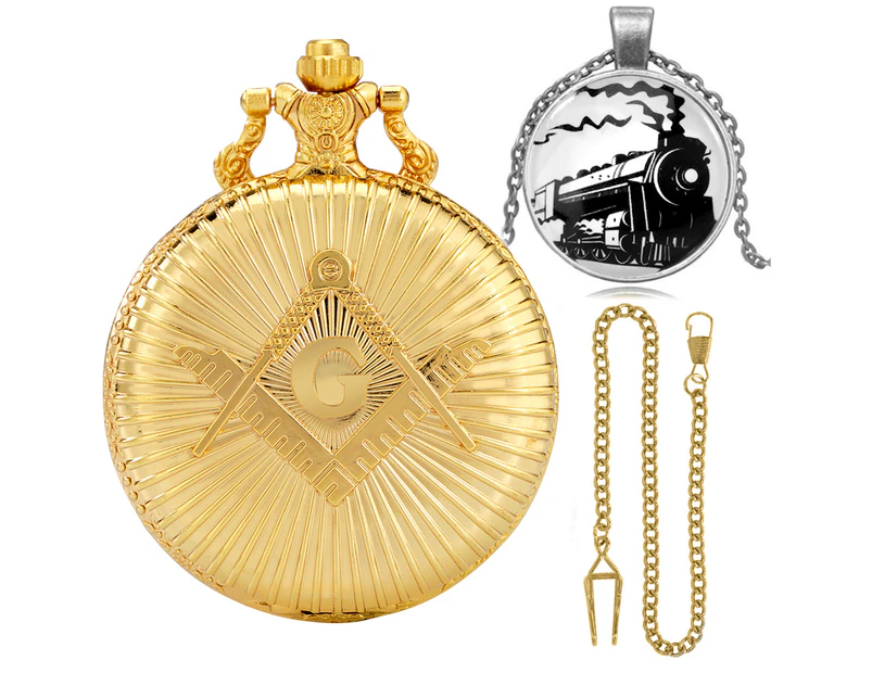 Gold Quartz Pocket Watch Silver Necklace Set Thick Chain Pendant For Men