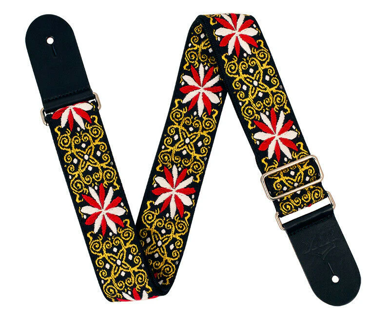 Guitar Strap - XTR 2 Inch Black Deluxe Poly Cotton Black & Gold Floral