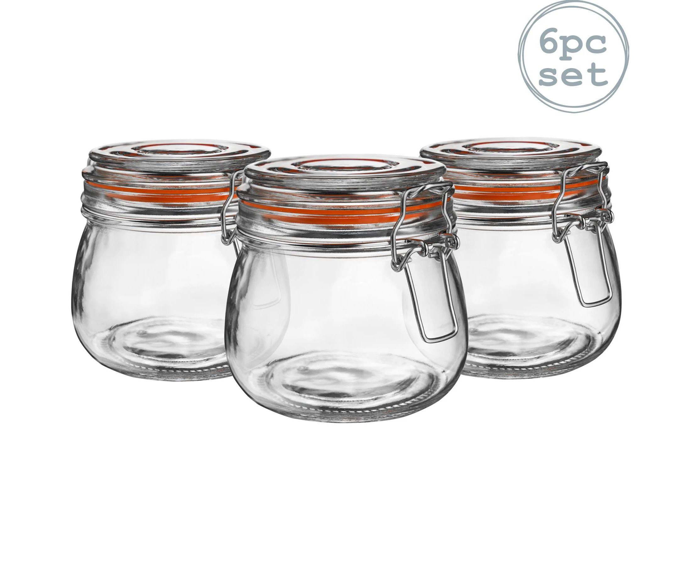 Argon Tableware Glass Storage Jars with Airtight Clip Lid - 500ml Set - Orange Seal - Pack of 6