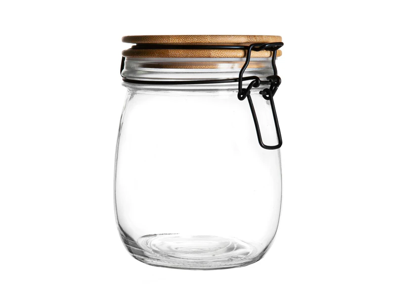 Argon Tableware Airtight Storage Jar with Wooden Lid - Round Scandinavian Style Glass Canister - Clear Seal - 750ml