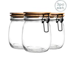 Argon Tableware 3 Piece Airtight Storage Jar with Wooden Lid Set - Round Scandinavian Style Glass Canister - Black Seal - 750ml