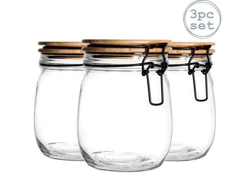 Argon Tableware 3 Piece Airtight Storage Jar with Wooden Lid Set - Round Scandinavian Style Glass Canister - Black Seal - 750ml