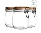 Argon Tableware 3 Piece Airtight Storage Jar with Wooden Lid Set - Round Scandinavian Style Glass Canister - Clear Seal - 750ml 1