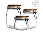 Argon Tableware 3 Piece Airtight Storage Jars with Wooden Lid Set - Round Scandinavian Style Glass Canister - Clear Seal 1