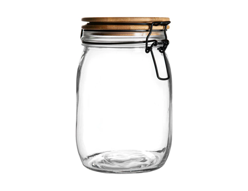 Argon Tableware Airtight Storage Jar with Wooden Lid - Round Scandinavian Style Glass Canister - Black Seal - 1 Litre