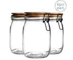 Argon Tableware 6 Piece Airtight Storage Jar with Wooden Lid Set - Round Scandinavian Style Glass Canister - Black Seal - 1 Litre