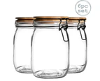 Argon Tableware 6 Piece Airtight Storage Jar with Wooden Lid Set - Round Scandinavian Style Glass Canister - Clear Seal - 1 Litre