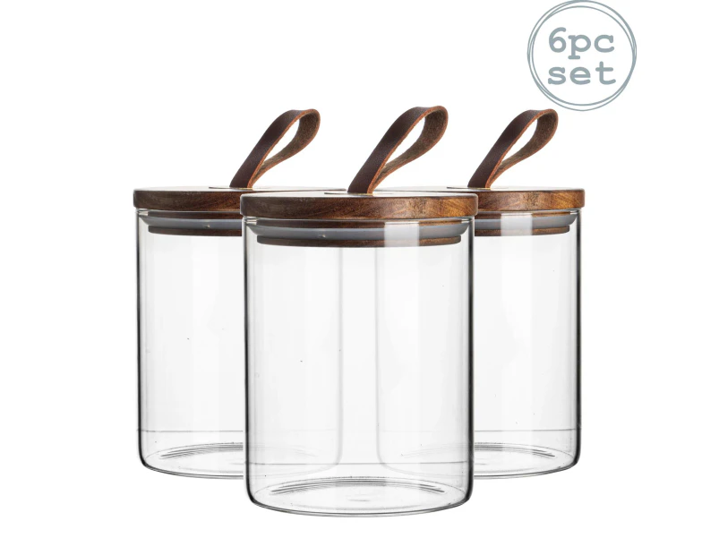 Argon Tableware 6 Piece Glass Jar With Wooden Lid Storage Container Set - Round Scandinavian Style Airtight Canister - 750ml