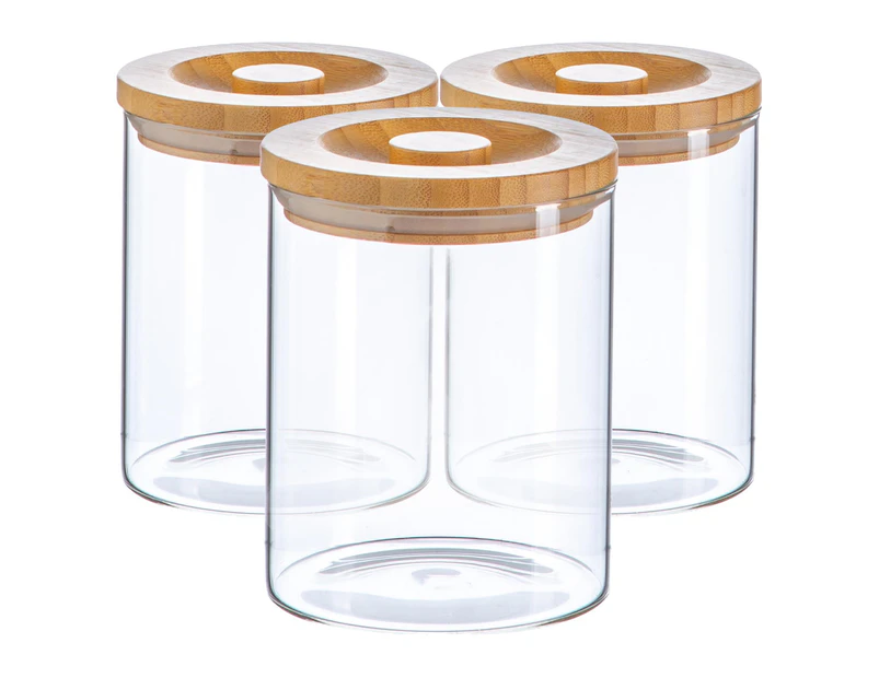 Argon Tableware 3 Piece Glass Jar With Wooden Lid Storage Container Set - Round Scandinavian Style Airtight Canister - 750ml