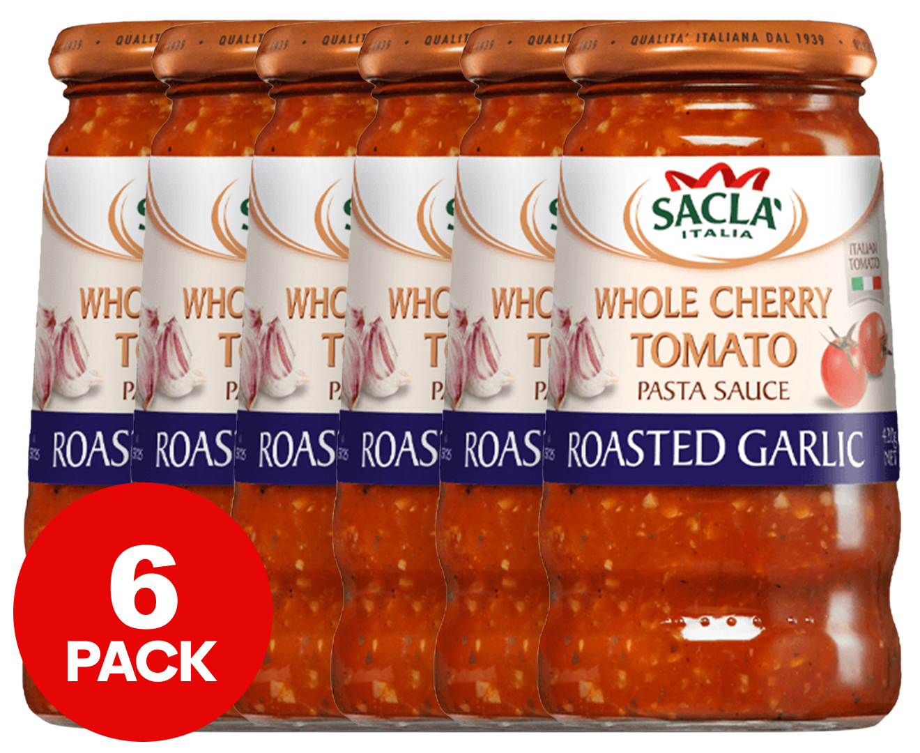 6 x Saclà Whole Cherry Tomato Pasta Sauce Roasted Garlic 420g 