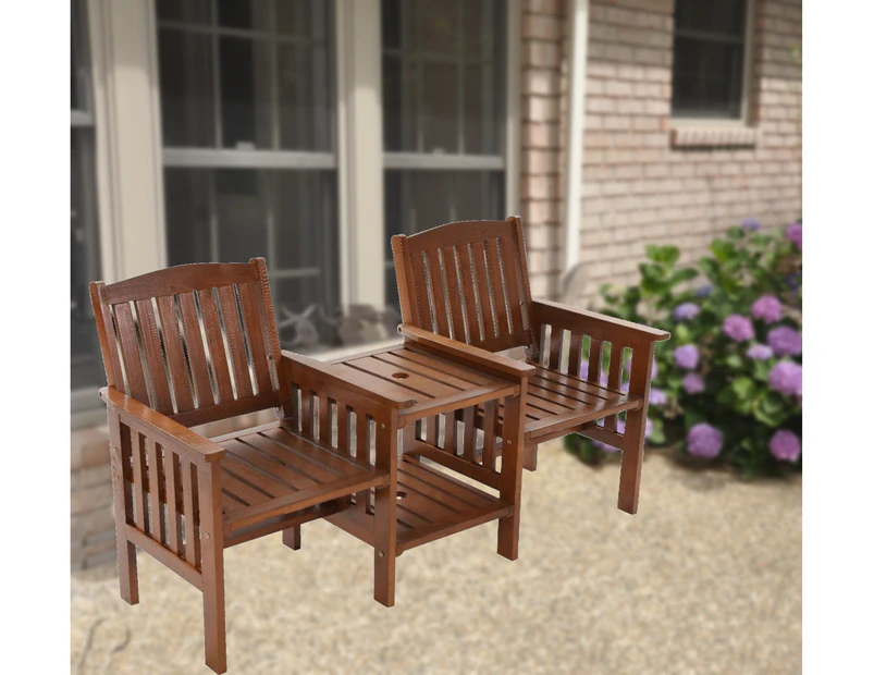 Wooden Patio Garden Outdoor Park Bench Loveseat Chair with Table - Brown
