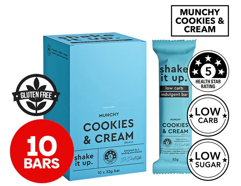 10 x Shake It Up Low Carb Protein Bar Munchy Cookies & Cream 32g