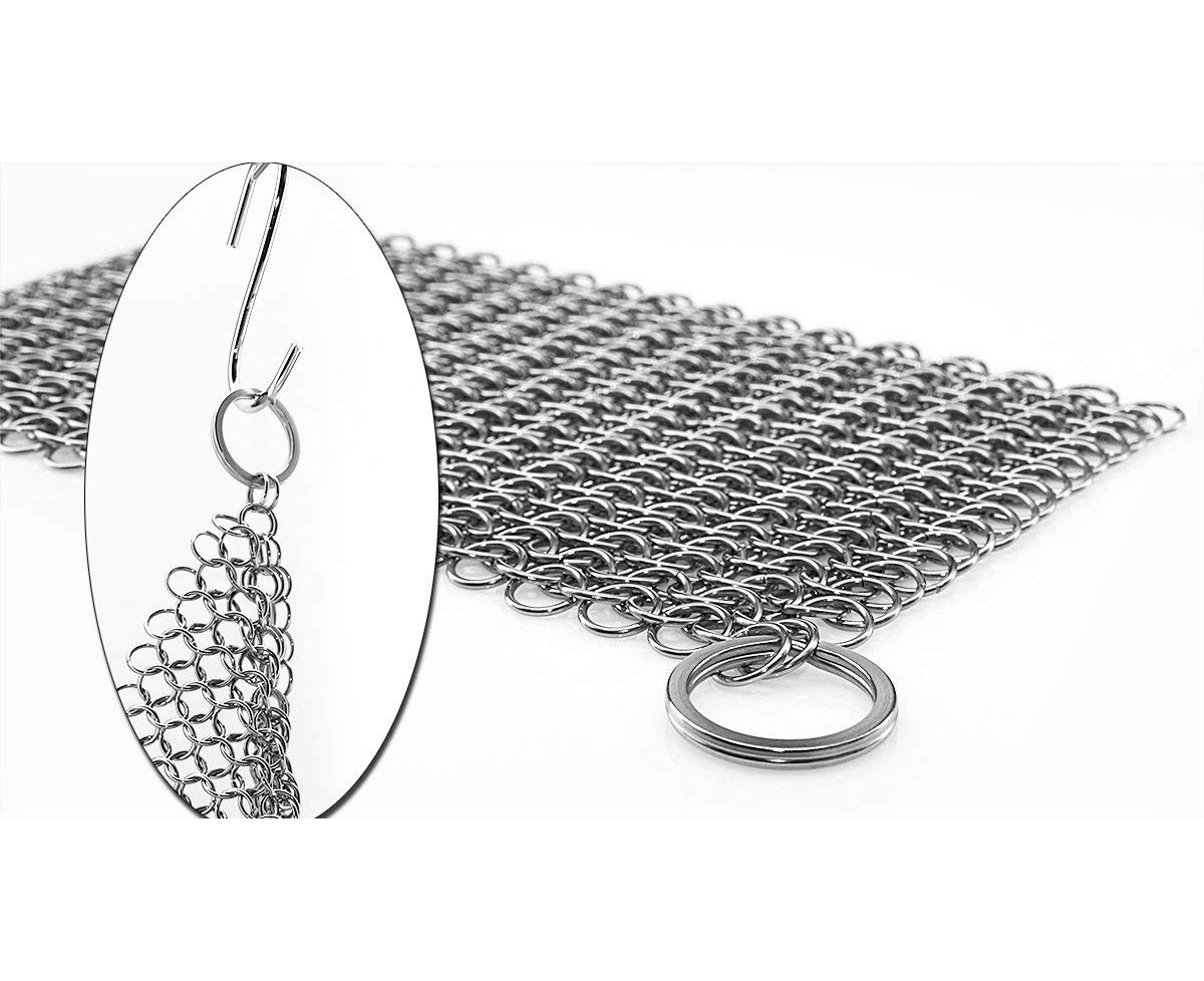 TOPULORS Stainless Steel Cast Iron Skillet Cleaner Chainmail Cleaning Scrubber with Hanging Ring for Cast Iron Pan,Pre-Seasoned Pan,Griddle Pans, BBQ