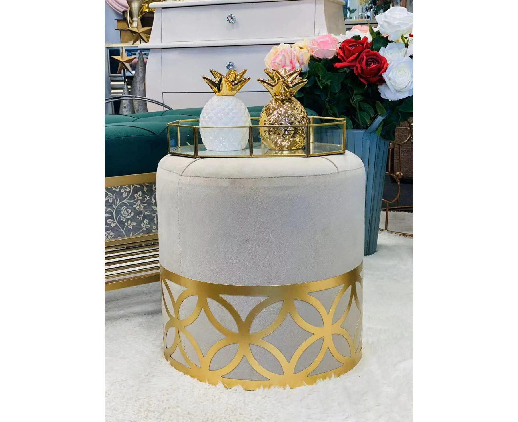 Velvet foot stool/ottomans with gold design decoration