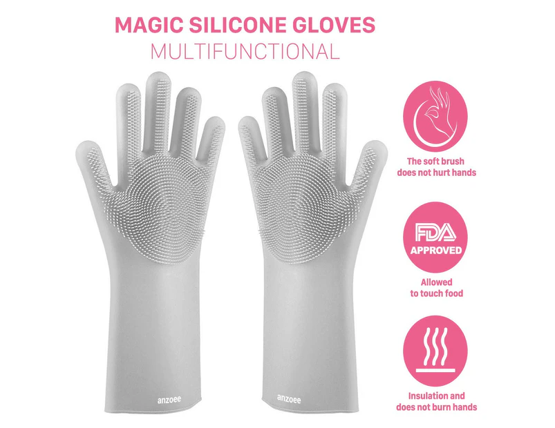 Magic Silicone Household Cleaning Gloves, Anzoee Reusable Rubber Dishwashing Gloves Kitchen Gloves With Sponge Scrubbers For Household, Pet Bathing, B