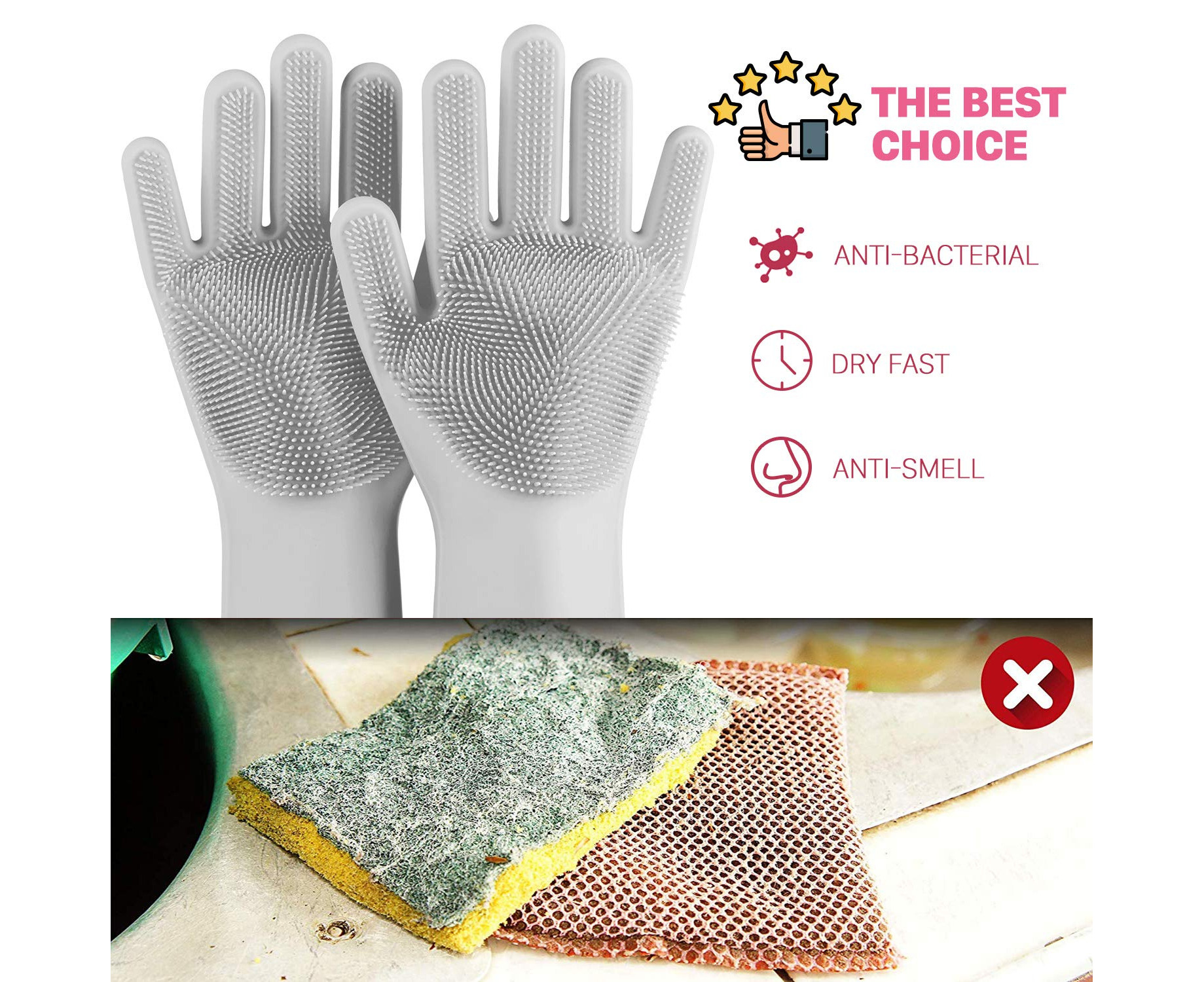 Magic Silicone Household Cleaning Gloves, Anzoee Reusable Rubber Dishwashing Gloves Kitchen Gloves With Sponge Scrubbers For Household, Pet Bathing, B