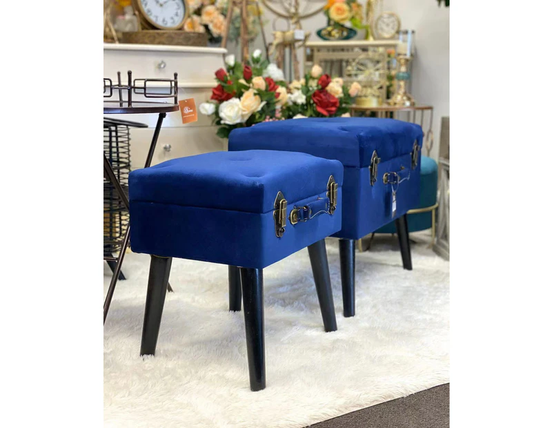 Premium ottoman velvet bu set of 2 storage ottomans / footstool/ suitcase - navy blue