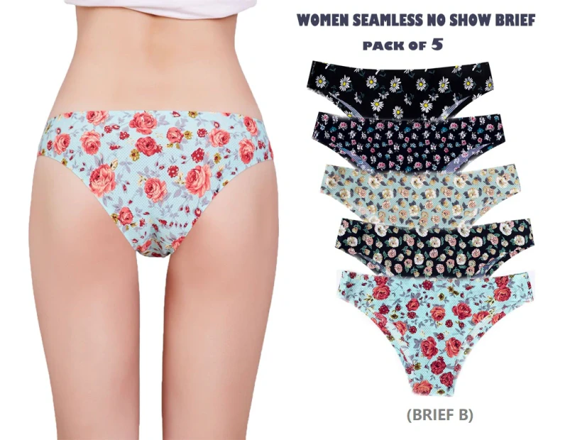 Bonivenshion Women Seamless Brief No Show Brief Underwear Printing Brief  Pack of 5