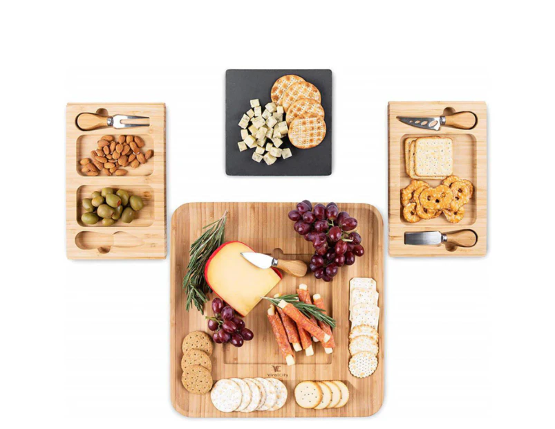 Cheese Board Set Platter Bamboo Including Slate Plate and 4 Cheese cutlery for picnic Wine tasting Cellar door Restaurant
