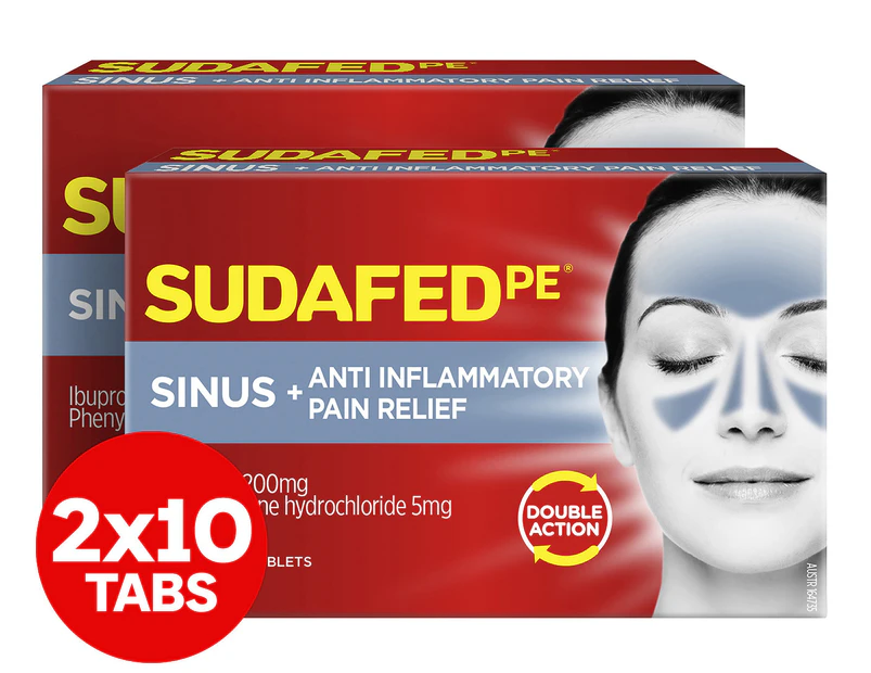 2 x Sudafed PE Double Action Sinus + Anti-Inflammatory 10 Tabs