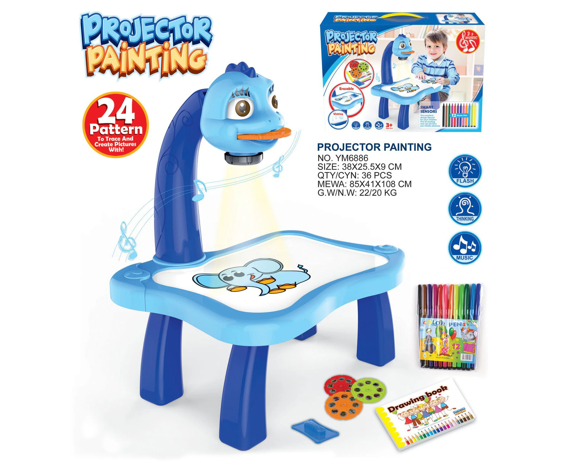 Musical Projector 24 Pattern Painting Drawing Table Desk Kids Early Learning Toy - Blue