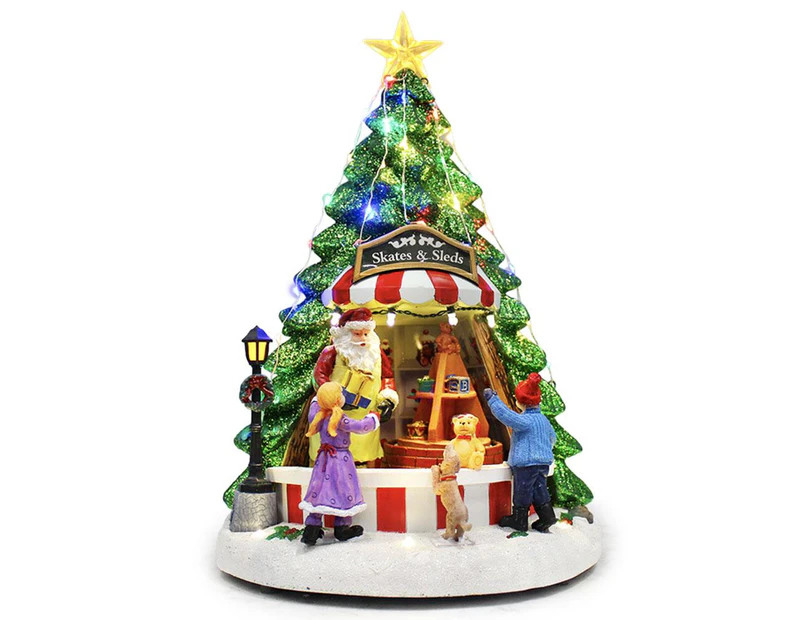Christmas Village Animated Santa's Shop Rotating Shelf Musical LED Light Tree
