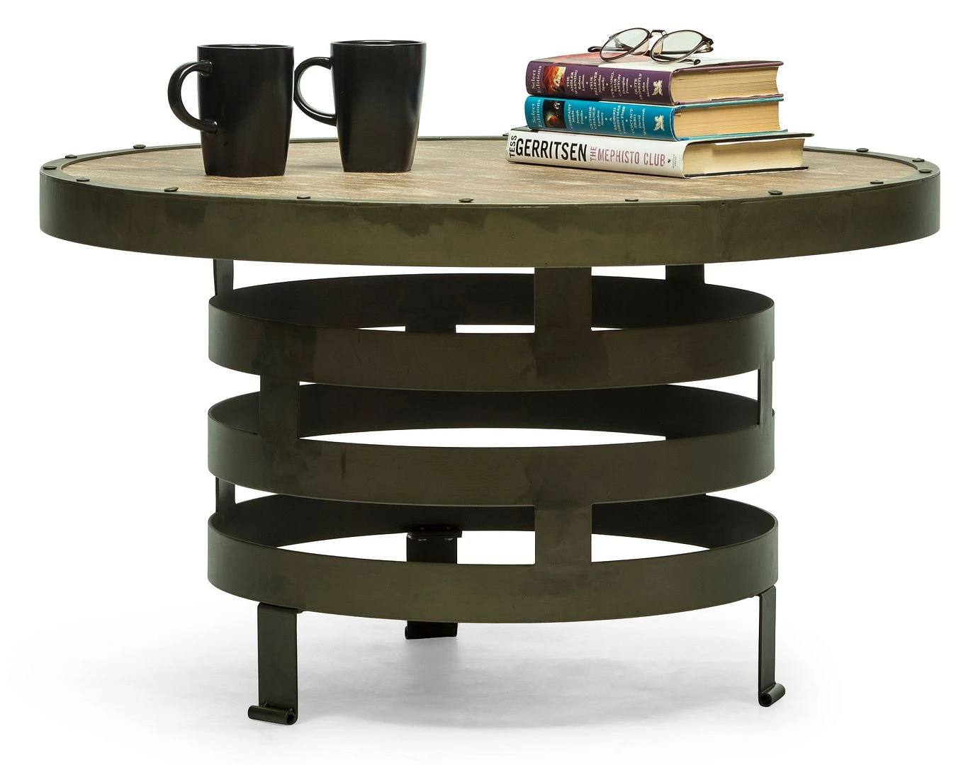 Rustic Industrial Spiral Round Coffee Table with Wood Top