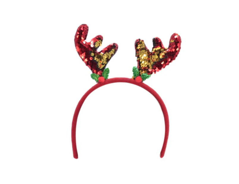 Adult Kids Christmas Xmas Novelty Headband - Sequin Antler Red Gold