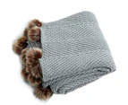 Soft Acrylic Knitted Blanket Feather PomPom Throw Rug 130x160cm Light Grey
