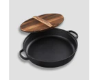 SOGA 2X 29cm Round Cast Iron Pre-seasoned Deep Baking Pizza Frying Pan Skillet with Wooden Lid