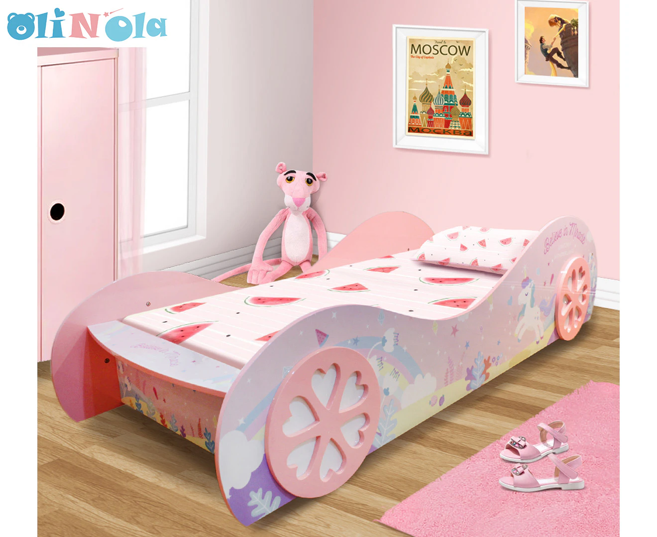 Oli And Ola Kids' Racing Car Unicorn Single Bed - Pink