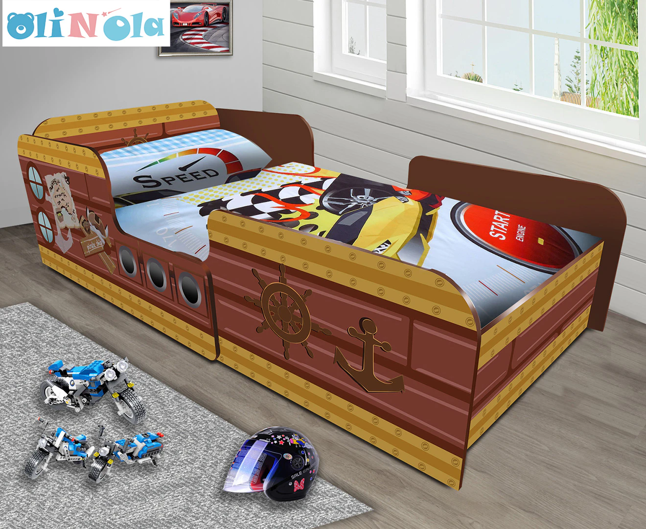 Oli And Ola Kids' Racing Car Pirates Boat Single Bed - Brown