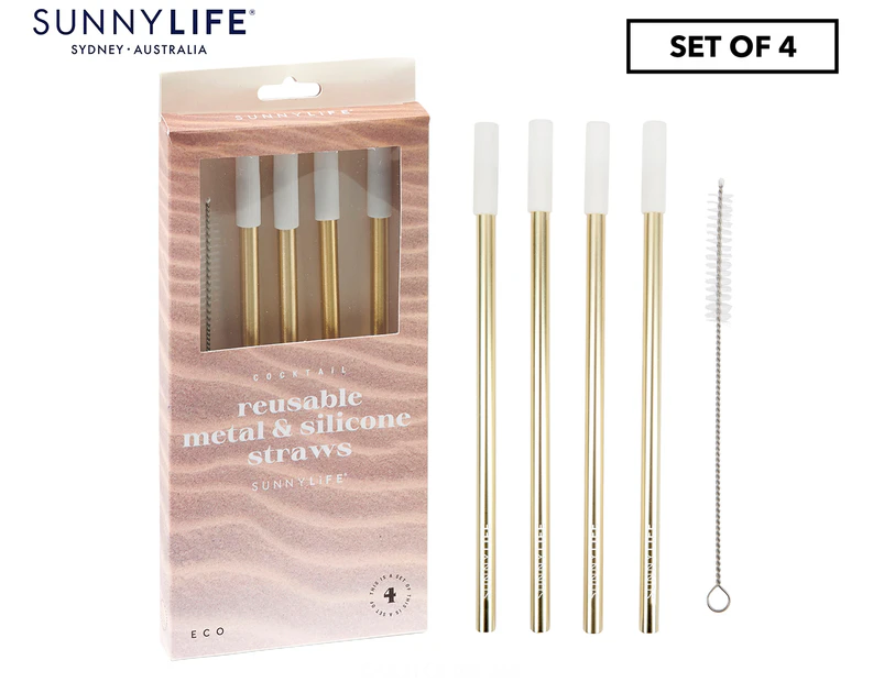 Set of 4 Sunnylife Reusable Metal & Silicone Straws - Gold/White
