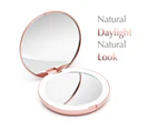 (Rose Gold) - Fancii LED Compact Makeup Mirror for Handbag, 1X/10X Magnifying - Natural Daylight LED, Travel Size, Portable, 13cm Wide Illuminated Mirror,