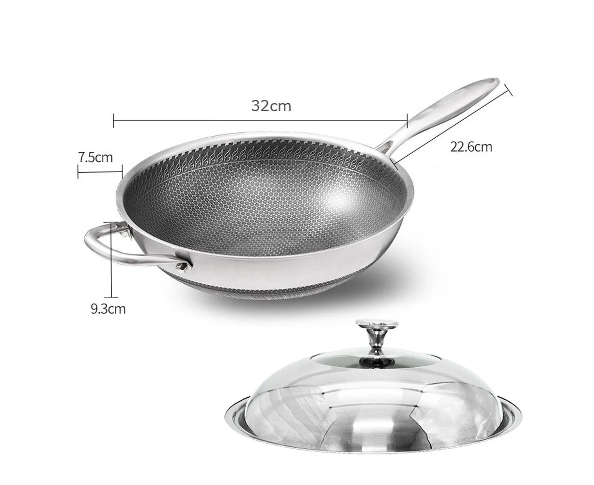 304 Stainless Steel Non-Stick Stir Fry Cooking Kitchen Wok Pan Honeycomb Double Sided