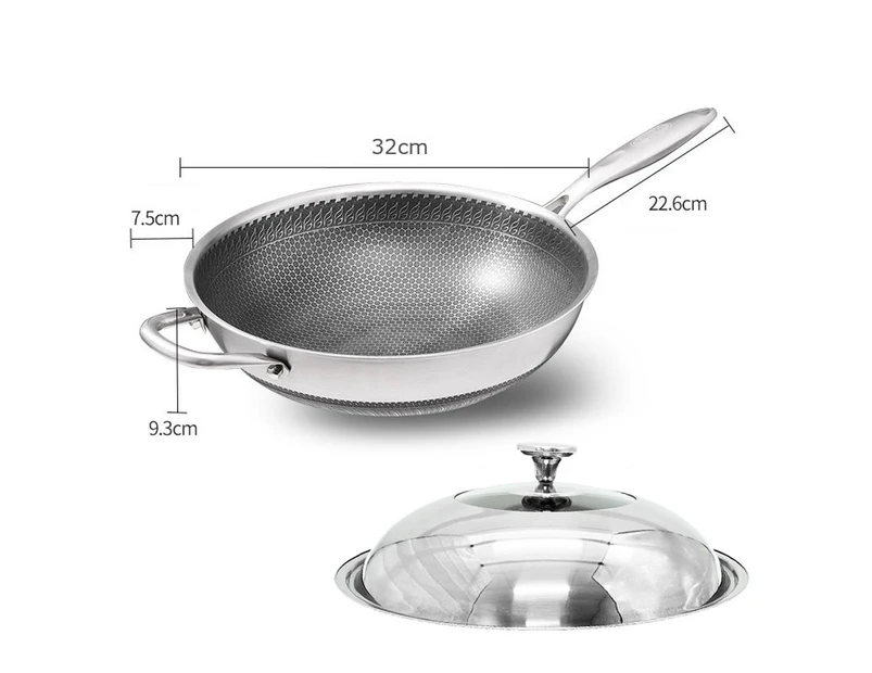 304 Stainless Steel Non-Stick Stir Fry Cooking Kitchen Wok Pan Honeycomb Double Sided