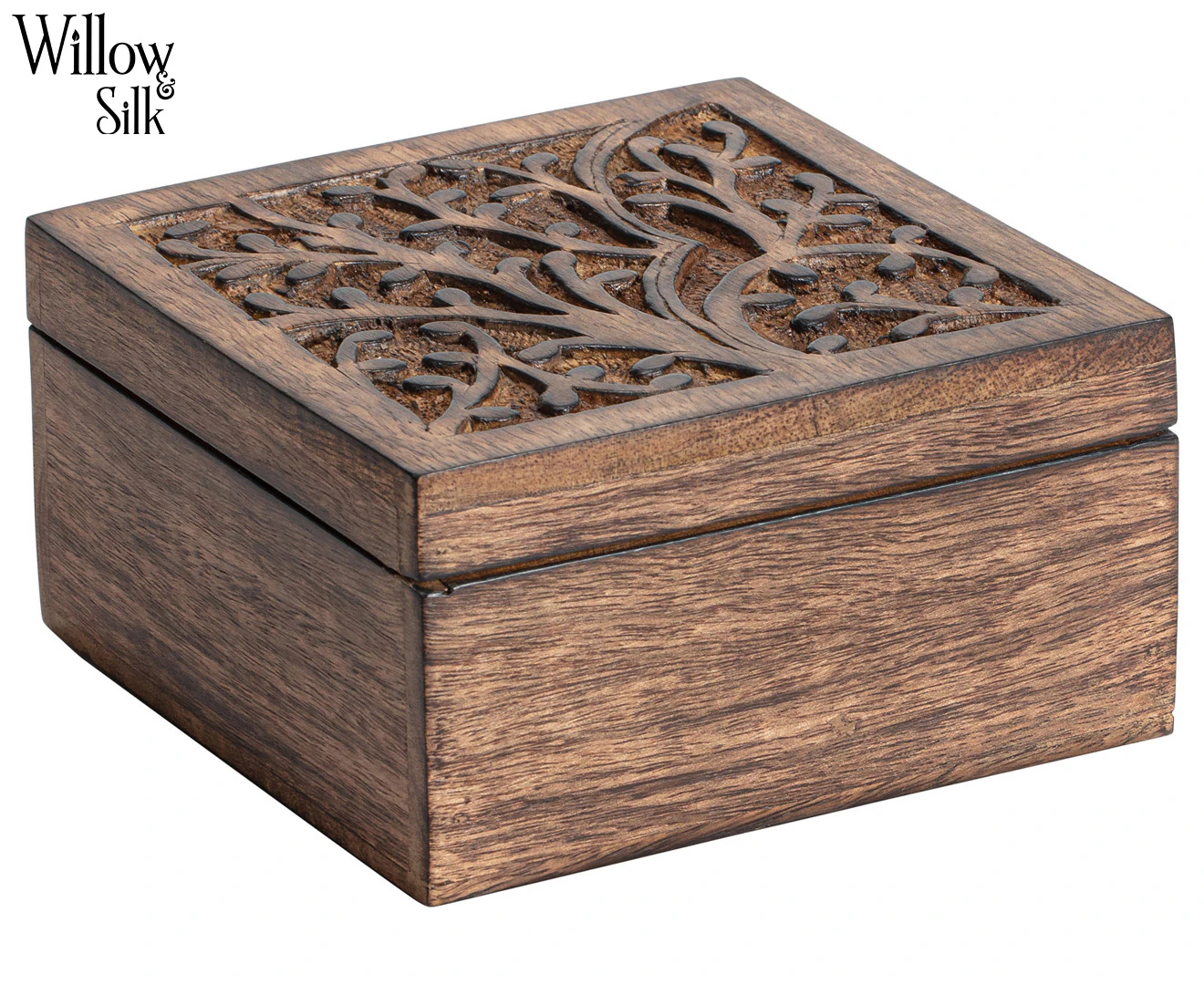 Willow & Silk Handcrafted Mango Wood Square Tree Of Life Box - Natural