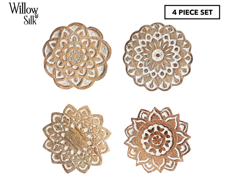 Set of 4 Willow & Silk 12cm Handcrafted Mango Wood Mandala Coasters - Natural