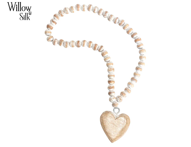 Willow & Silk 60cm Handcrafted Beaded Heart Decoration - Natural/Whitewash