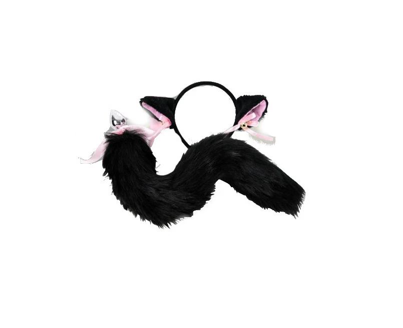 Black White Cute Kitten Ears Faux Fox Tail Ana Butt Plug Cosplay Bdsm - Black