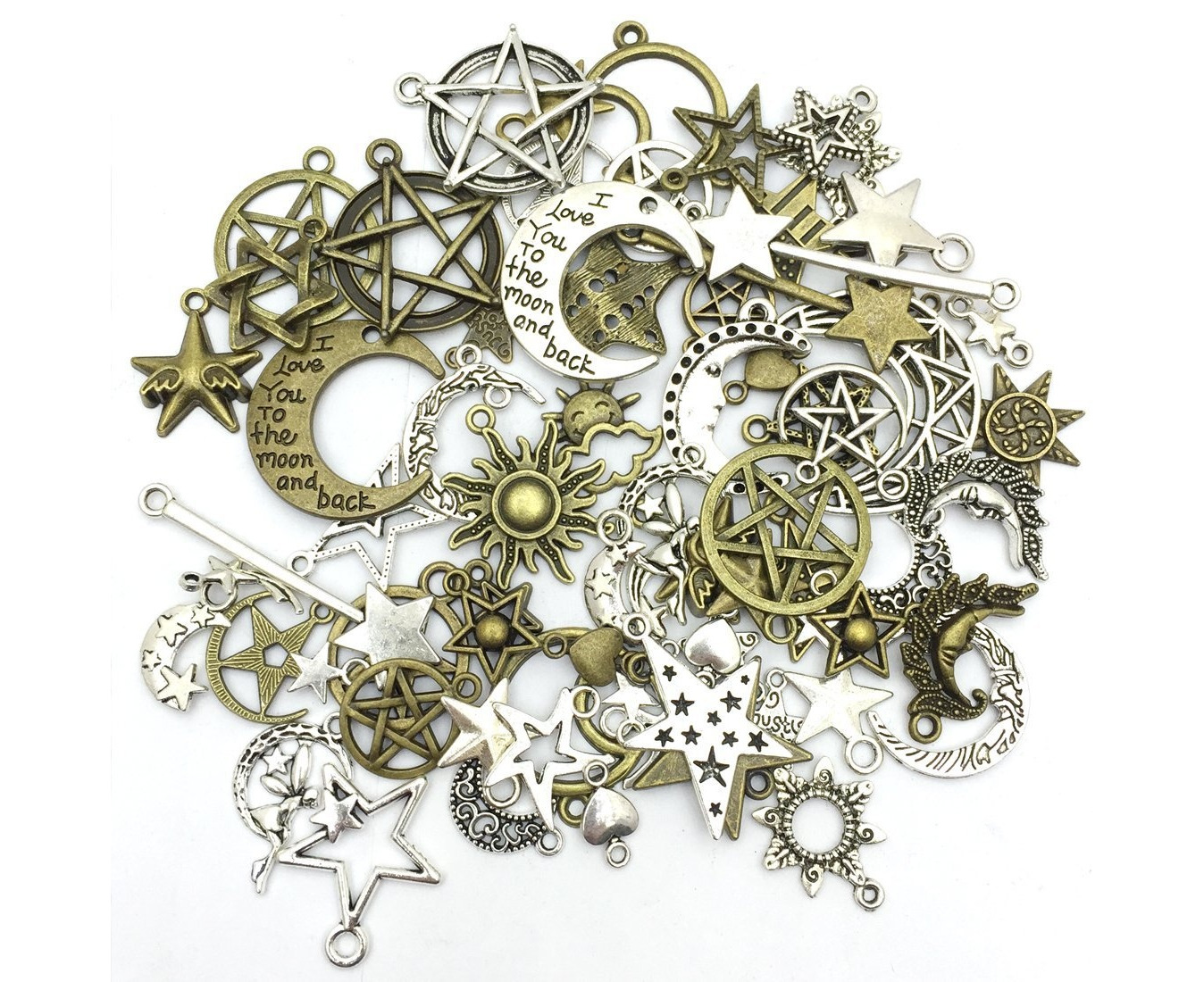 70 Pieces) Craft Supplies Mixed Antique Silver Sun, Moon and Star