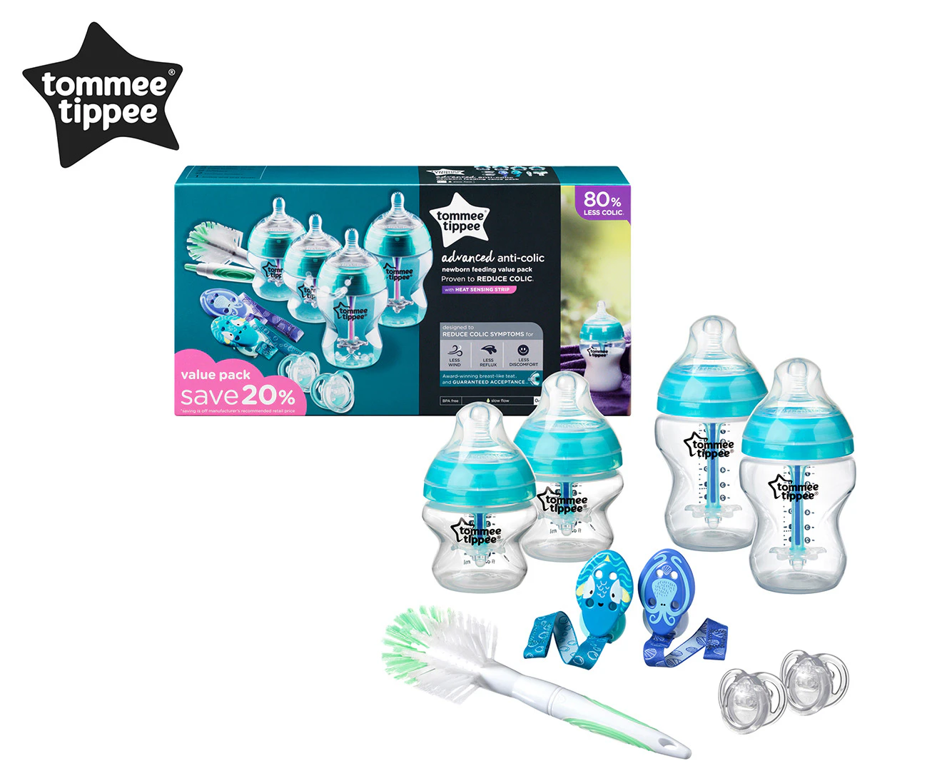 9pc Tommee Tippee Advanced Anti-Colic Newborn Feeding Bottle/Soothers/Brush Set