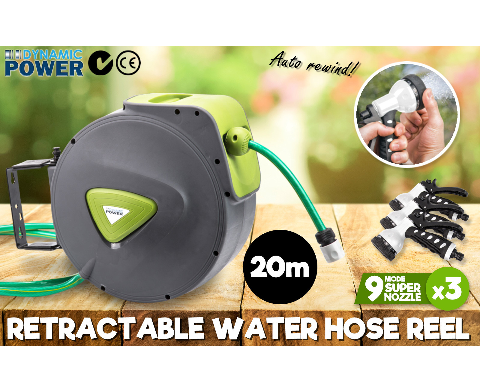 Dynamic Power Garden Water Hose 20M Retractable Rewind Reel Wall