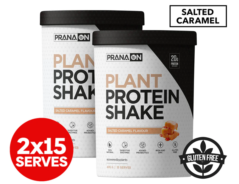 2 x Prana On Plant Protein Shake Powder Salted Caramel 405g / 30 Serves